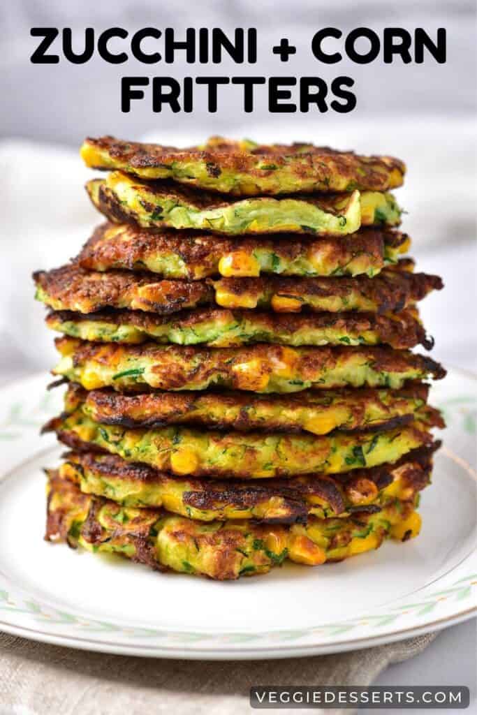 Fritters on a plate, with text: Zucchini and Corn Fritters.