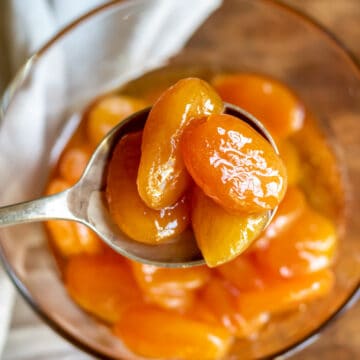 Spoonful of glazed apricots coming out of a bowlful.
