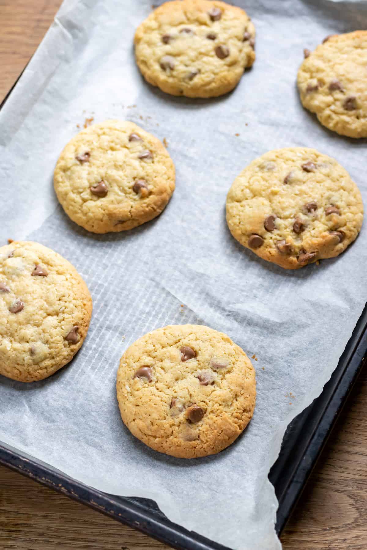 Baked chocolate chip coconut cookies.