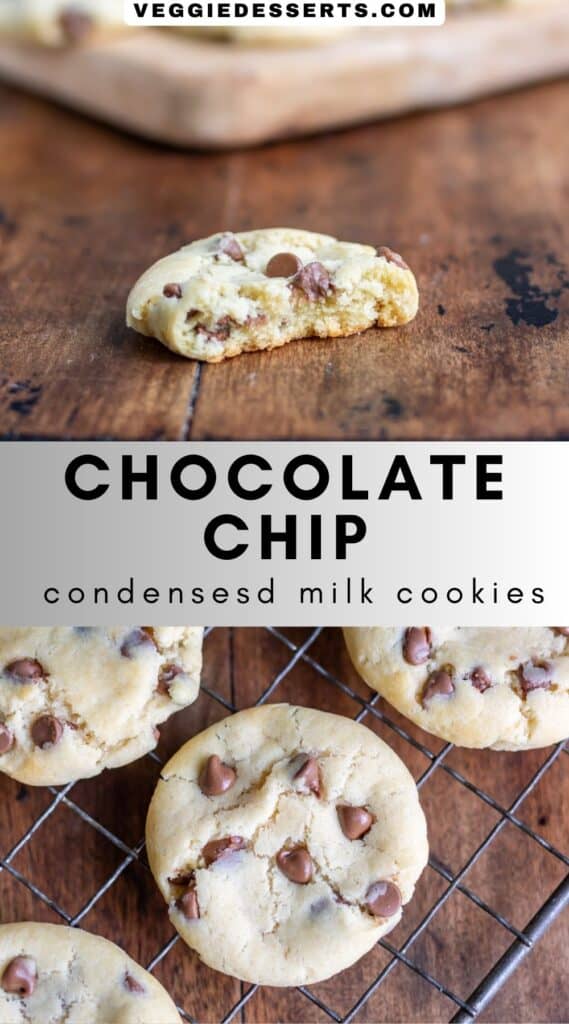 A cookie with a bite out, and other cookies cooling on a wire rack, with text: Chocolate Chip Condensed Milk Cookies.