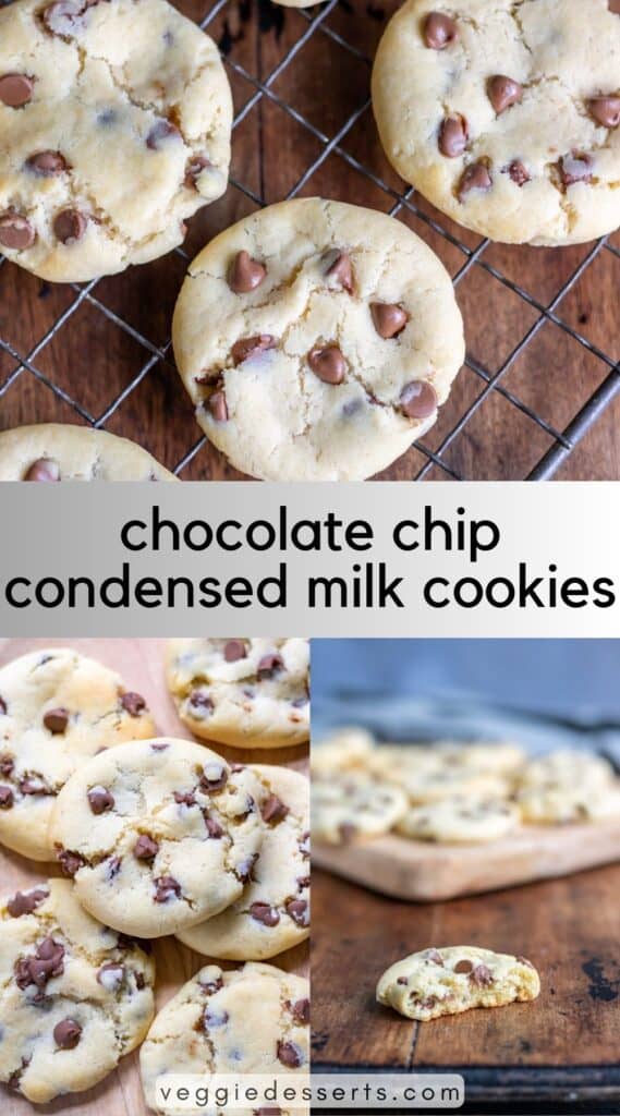 Cookies on a wire rack, a pile of cookies and one with a bite out, with text: Chocolate Chip Condensed Milk Cookies.