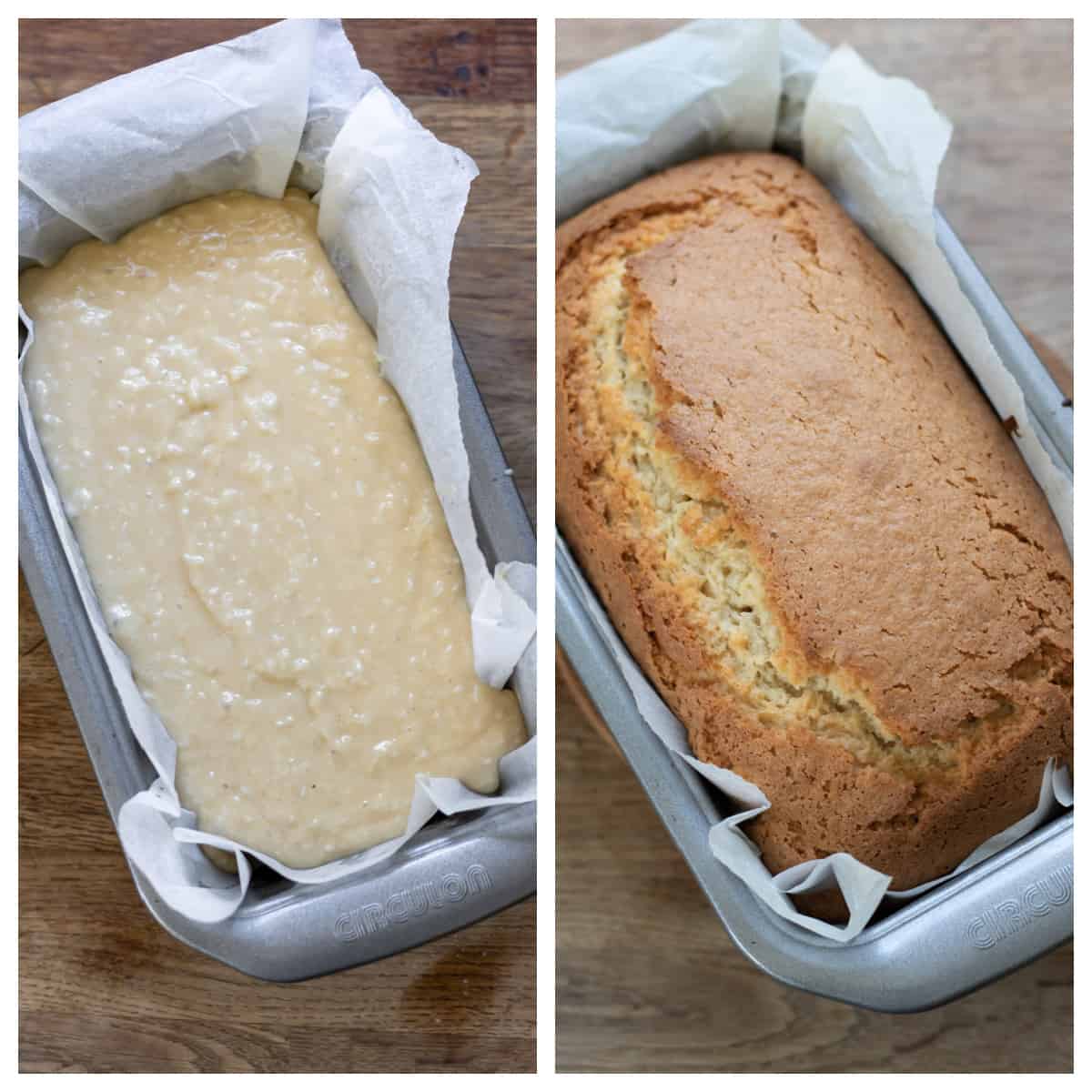 Batter in a loaf pan, and a baked coconut bread in the pan.