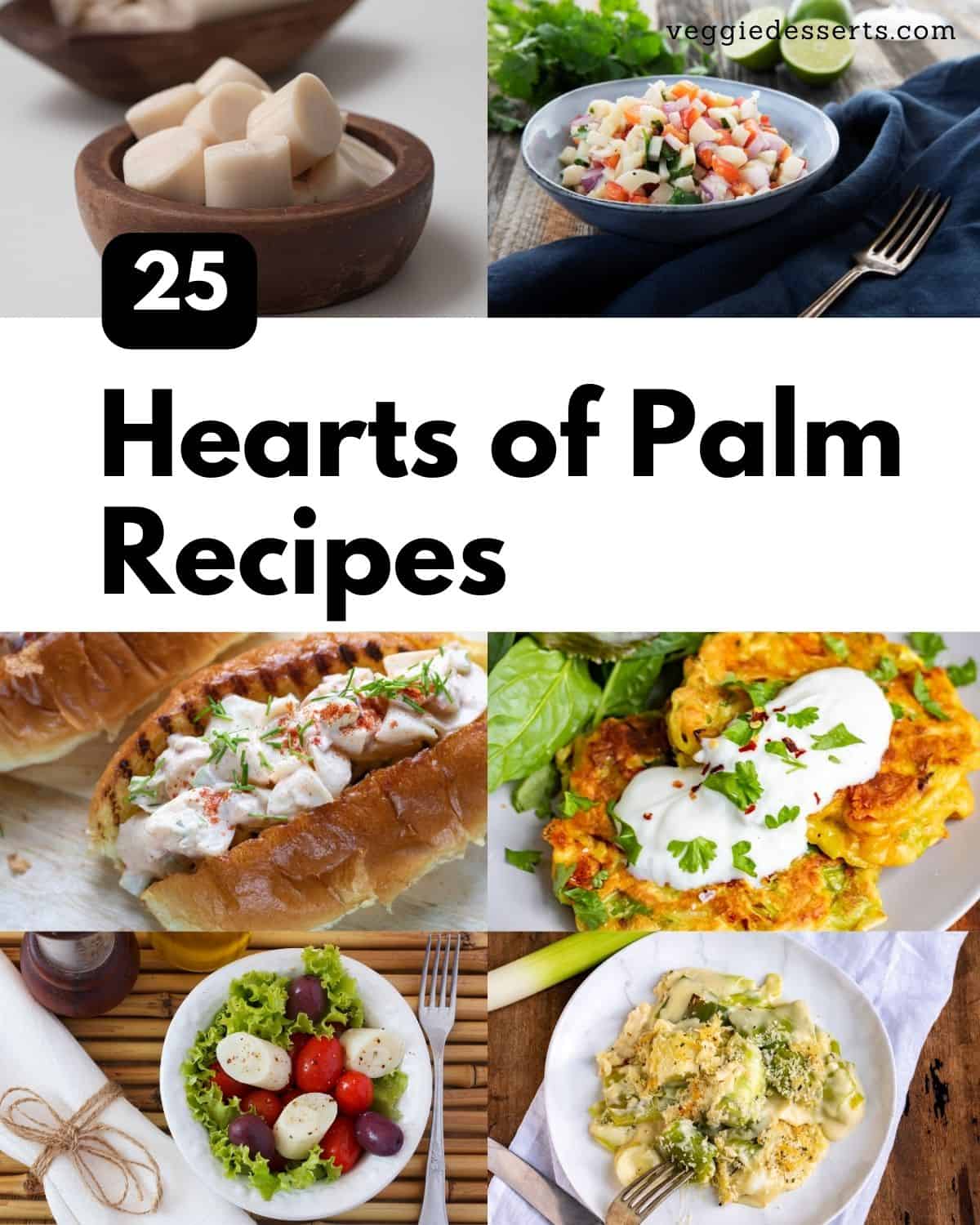 Collage of hearts of palm recipes.