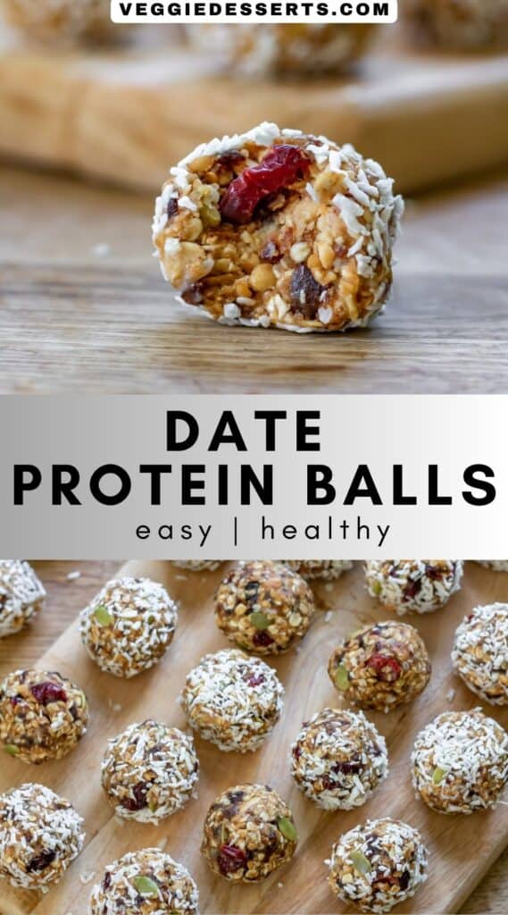 Energy ball with a bite out, and rows of bliss balls, with text: Date Protein Balls.