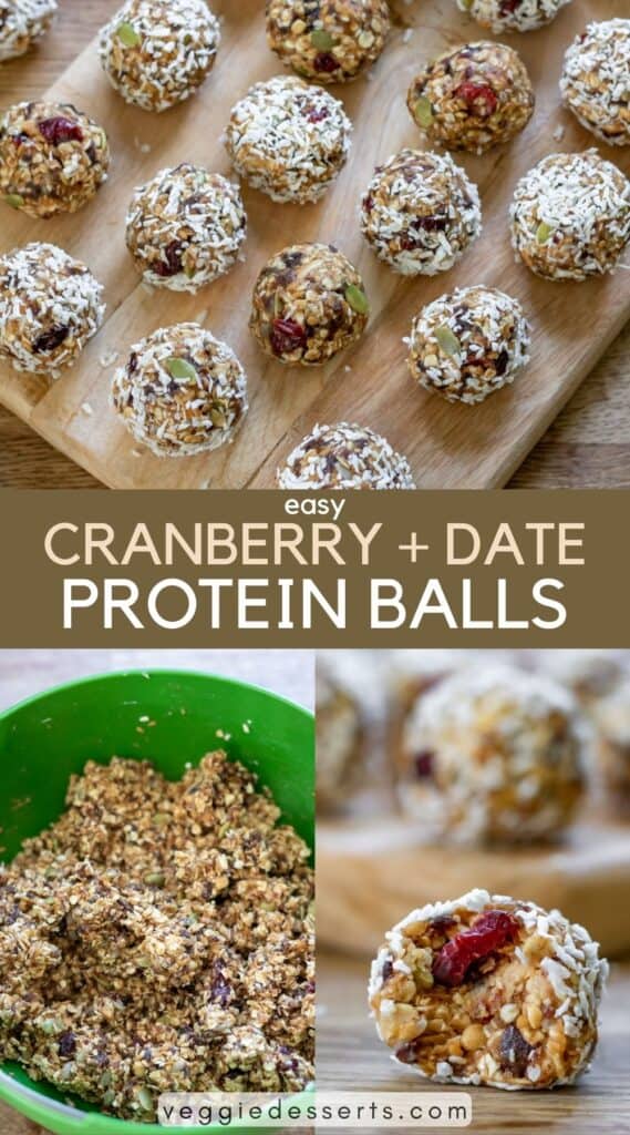 Rows of bliss balls, image of mixing it together, and energy ball with a bite out, plus text: Easy Cranberry and Date Protein Balls.