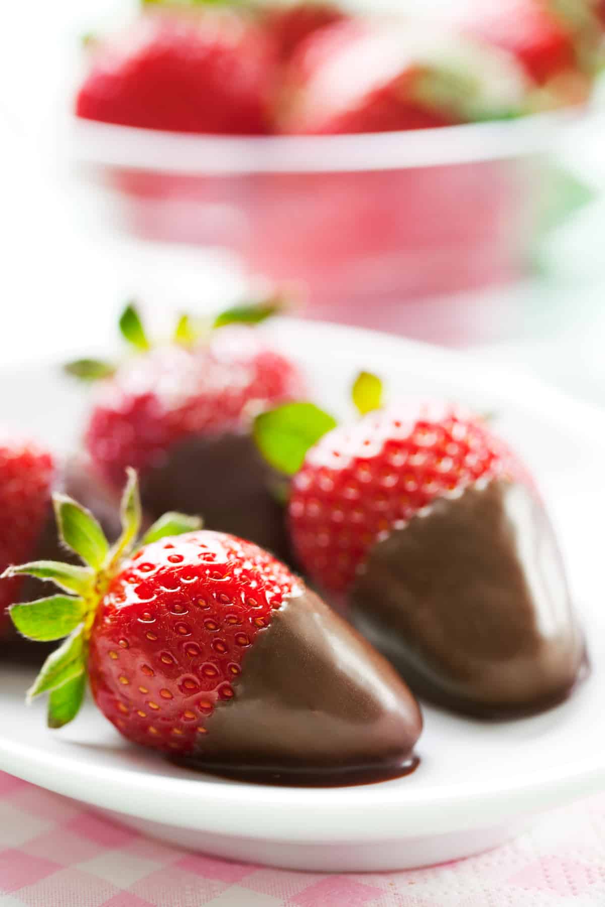 Strawberries dipped in melted chocolate chips.