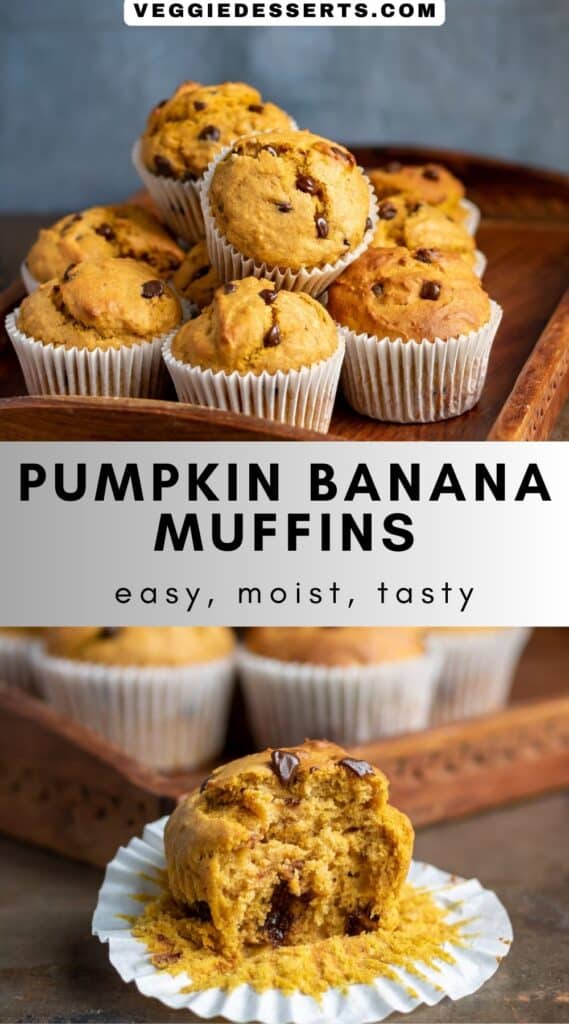 Pictures of muffins, with text: Pumpkin Banana Muffins.
