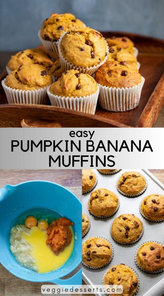Pictures of muffins, and making them, with text: Pumpkin Banana Muffins.