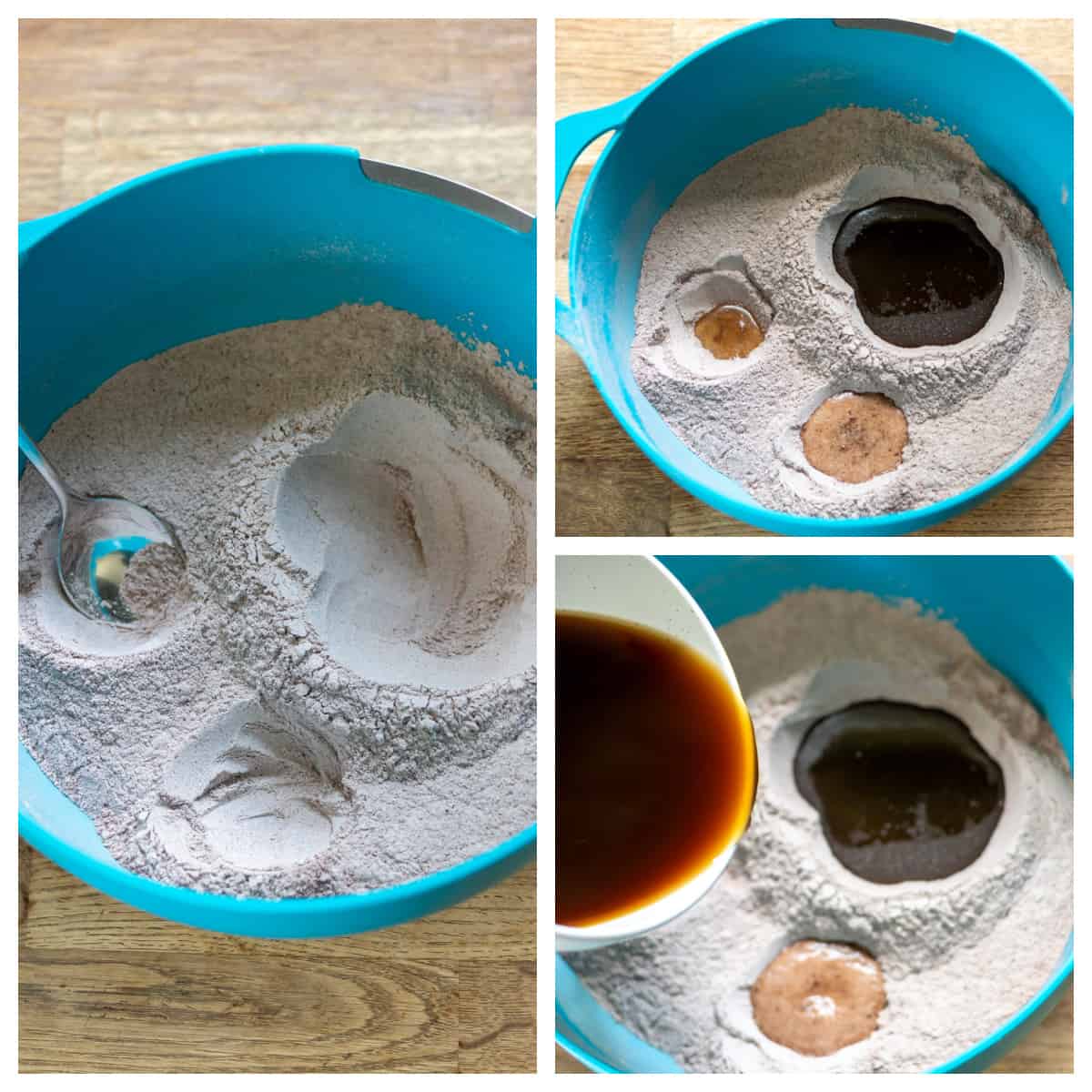Making wells in the dry ingredients, pouring in the wet separately into the holes, then pouring in the coffee and water.