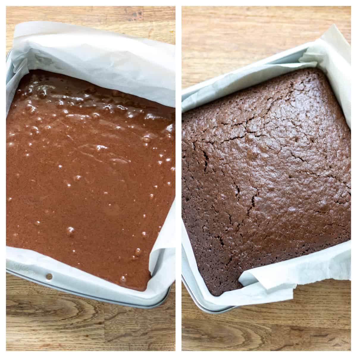 Side by side images of the batter in the pan and the finished baked cake.