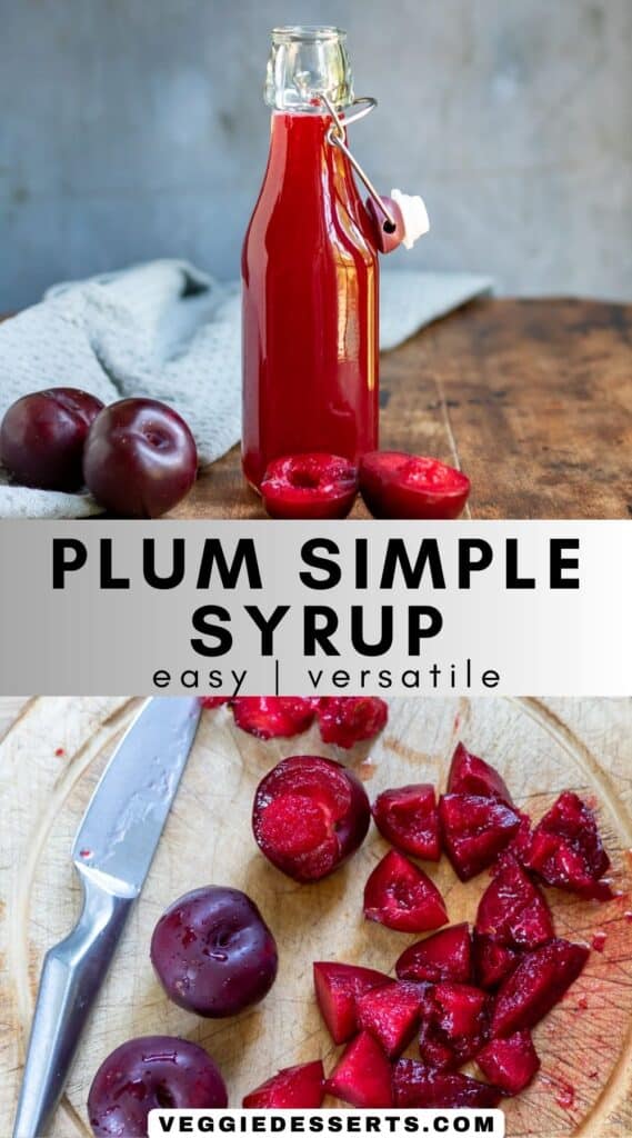 A table with a bottle of syrup, plus a cutting board with plums, and text: Plum Simple Syrup.