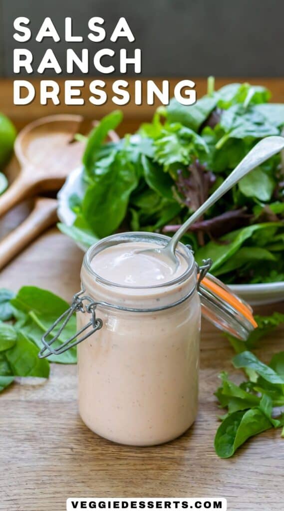 Spoon in a jar of salad dressing, with text: Salsa Ranch Dressing.
