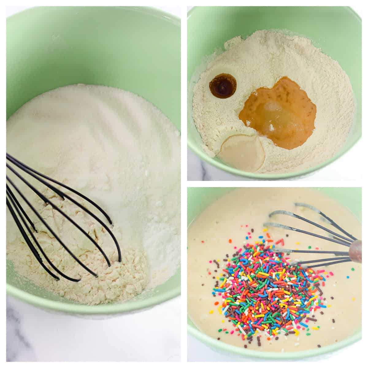 Mixing the dry ingredients, wells of wet ingredients, mixed cake batter with funfetti added.