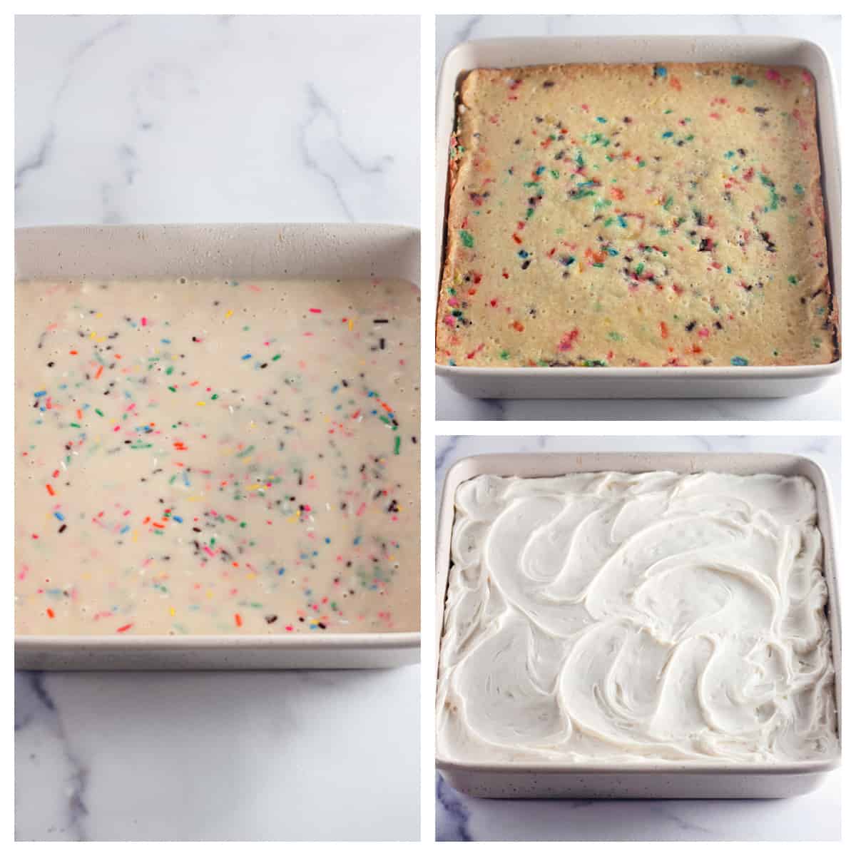Collage of making the cake: batter in the pan, baked cake, frosted cake.