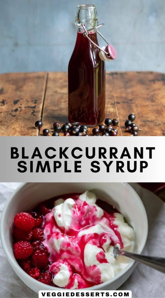 Table with a bottle of syrup, bowl of yogurt with berries and syrup, and text: Blackcurrant Simple Syrup.