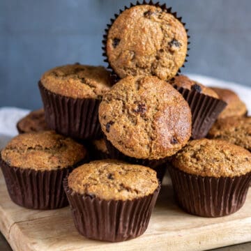 Close up of a pile of raisin bran muffins.