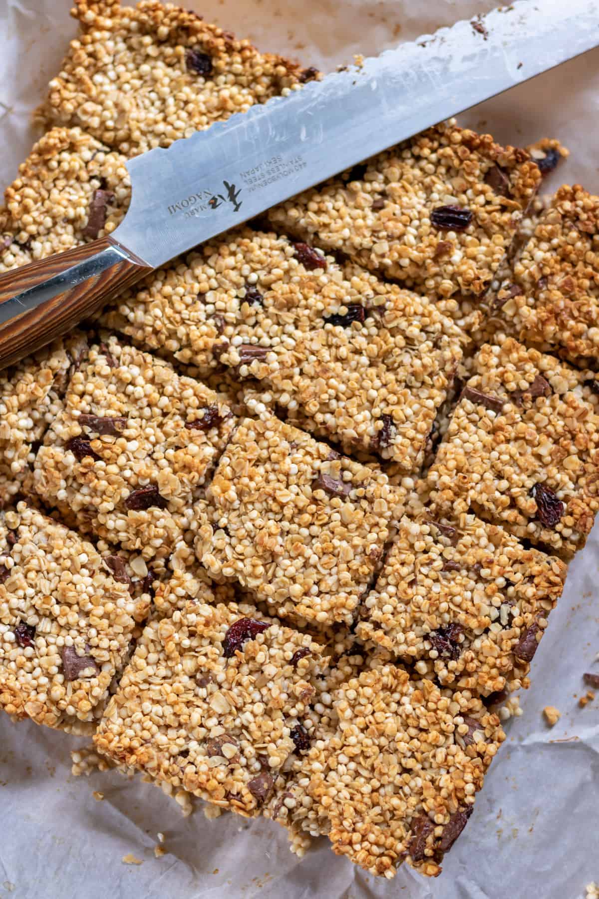 Cut squares of chocolate quinoa bars.