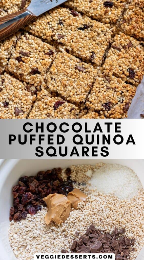 Squares being cut, ingredients in a bowl, and text: Chocolate Puffed Quinoa Squares.