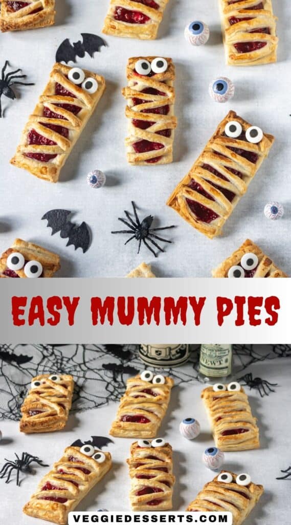 Rows of Mummy Halloween Pies on a table surrounded by plastic spiders, with text: Easy 3 halloween mummy pies.