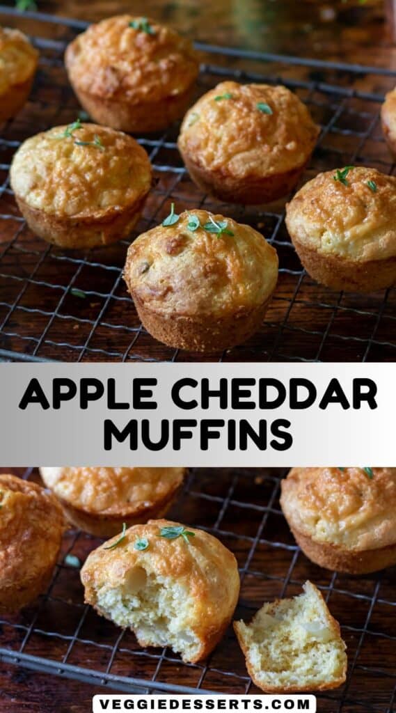 Rows of muffins on wire racks, with text: Apple Cheddar Muffins.