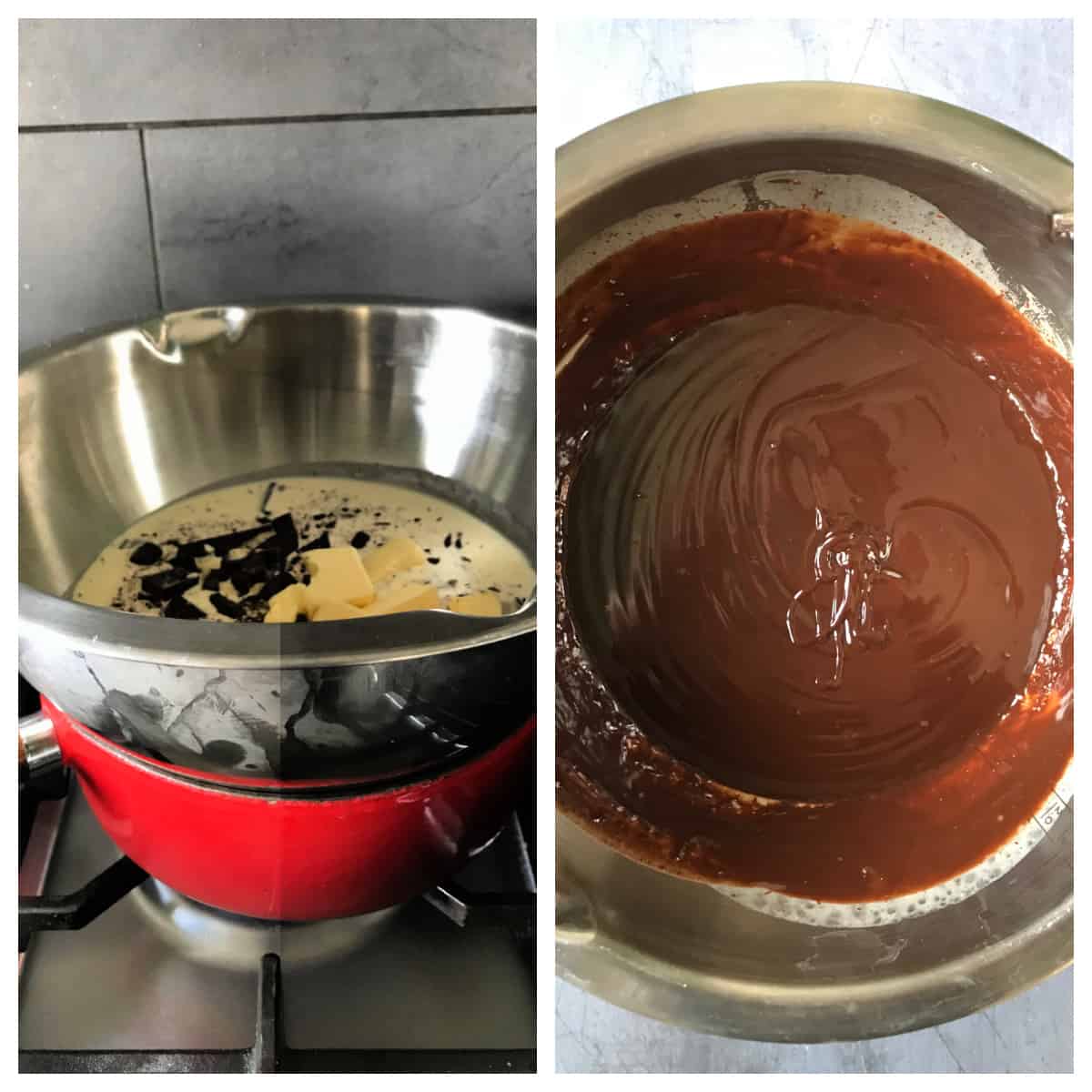 Melting cream, butter and chocolate, and stirring it into sauce.