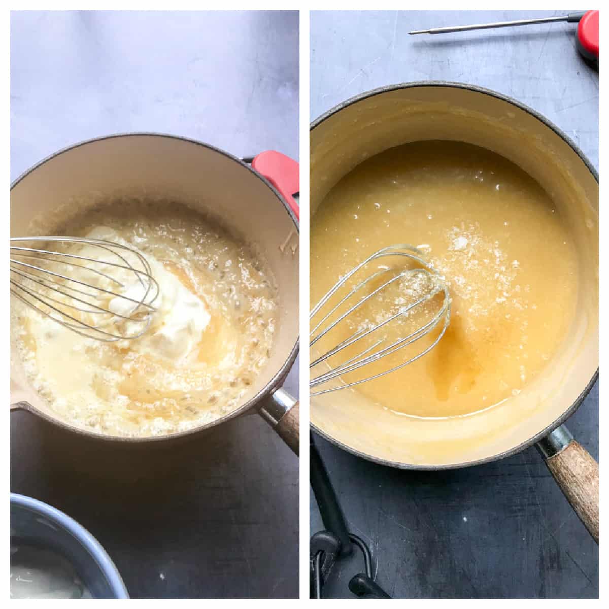 Stirring in the cream and salt.