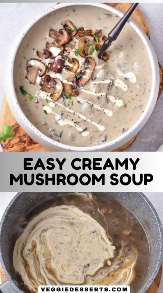Bowl of soup, pot of soup being made, and text: Easy Creamy Mushroom Soup.