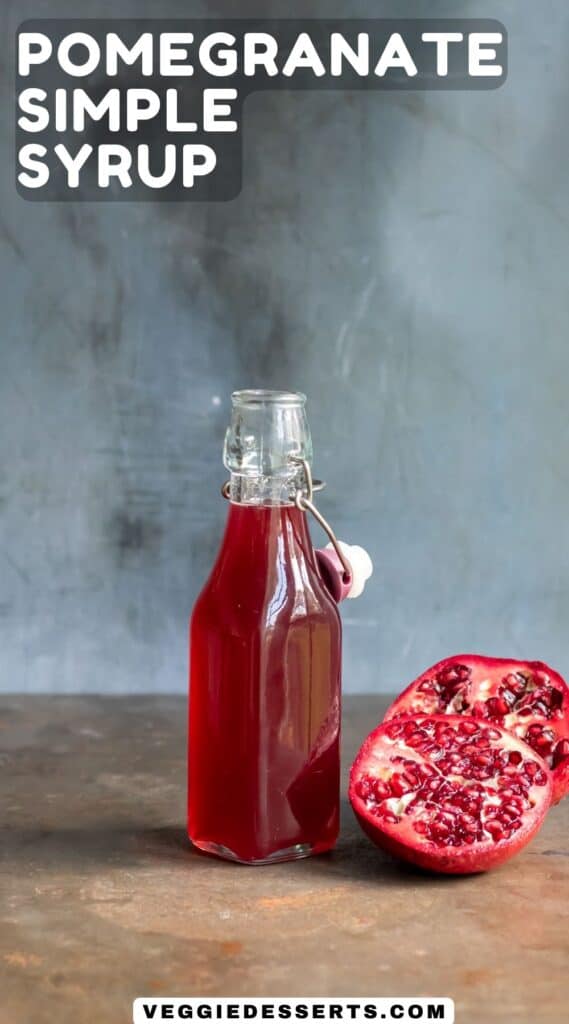 Bottle of syrup, with text: Pomegranate Simple Syrup.