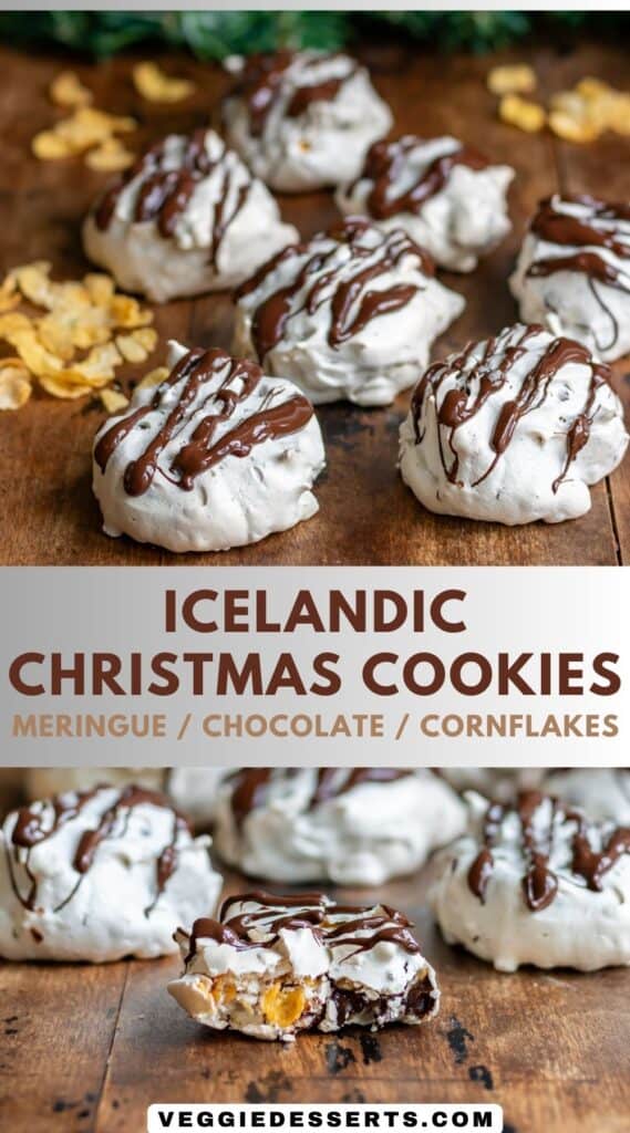 Cookies on a table, with text: Icelandic Christmas Cookies - meringue, chocolate, cornflakes.