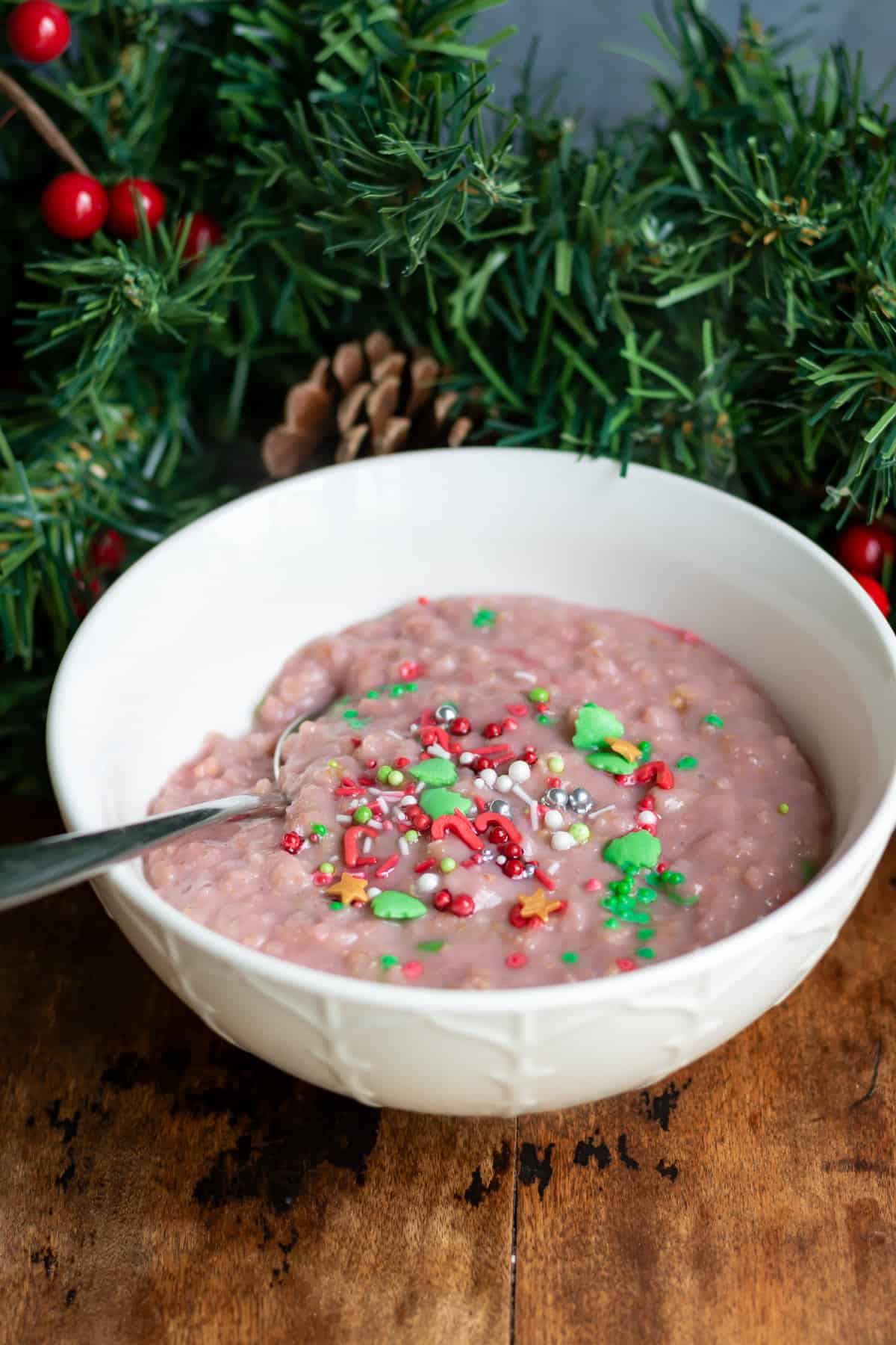 Bowl of oatmeal made from reindeer food.