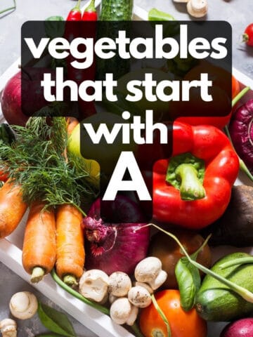 Tray of vegetables, with text: Vegetables that start with A.