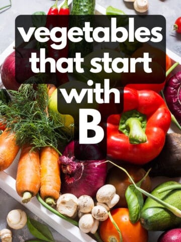 Tray of vegetables, with text: Vegetables that start with B.