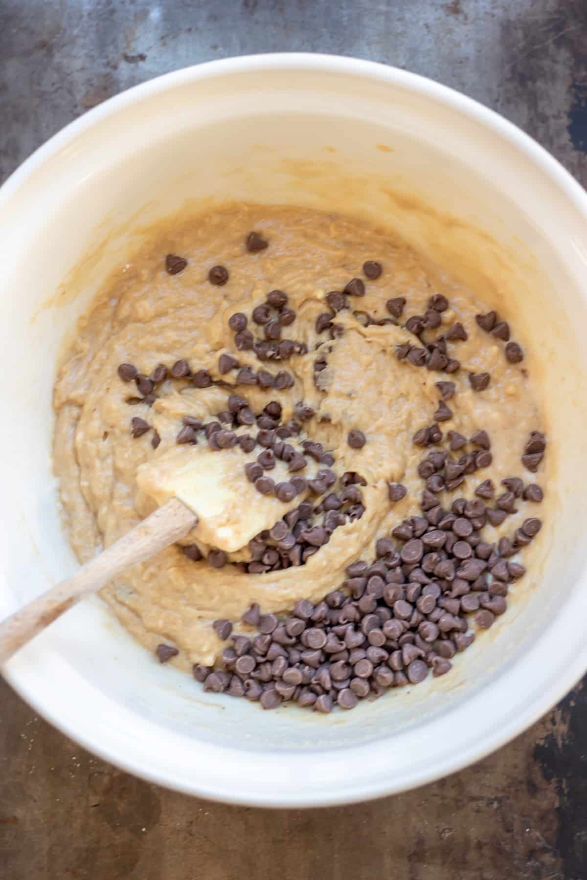 Stirring in the chocolate chips.