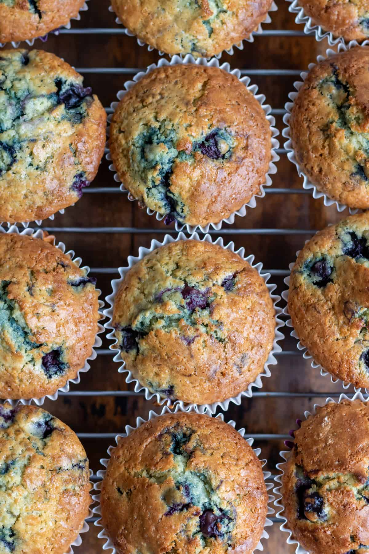 Looking down at rows of buttermilk blueberry muffins on a wire rack.