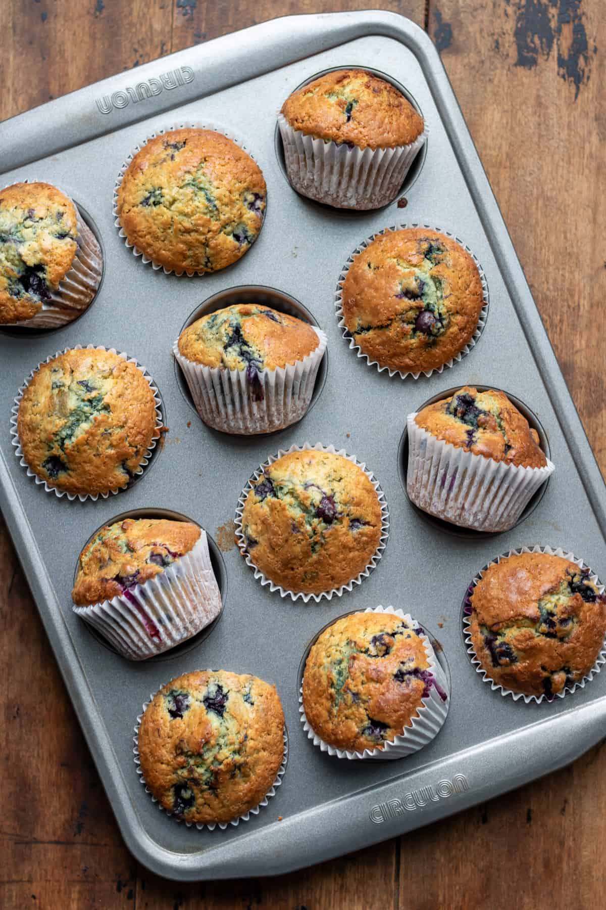 Cooked muffins in a pan.