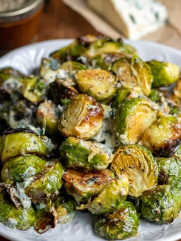 A plate of roasted gorgonzola brussels sprouts.