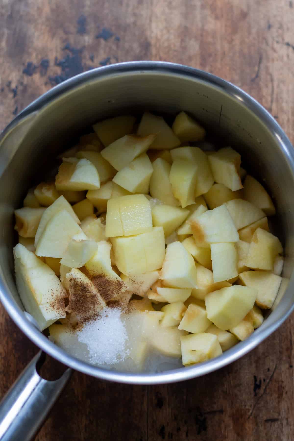 Apples, cinnamon, sugar and water in a pan.