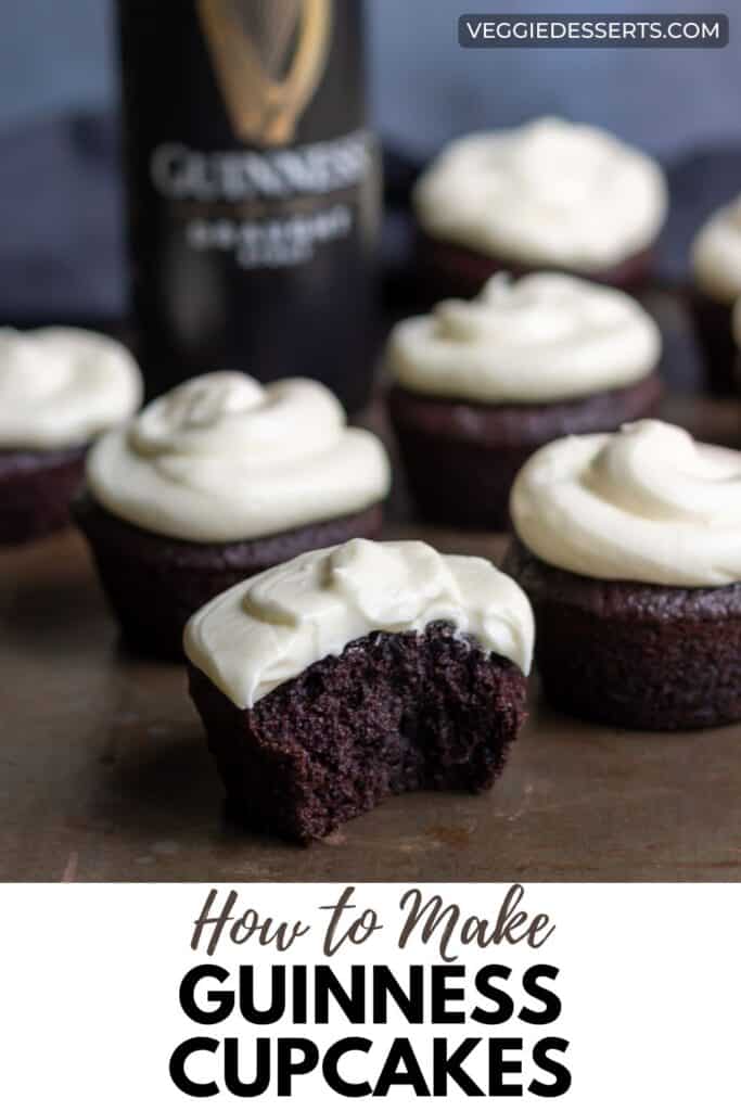 Cupcakes with one with a bite out, and a can of Guinness, with text: How to Make Guinness Cupcakes.