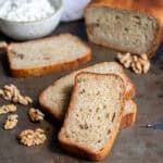 Close up of slices of cottage cheese banana bread on a table.