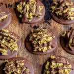 Close up of Dubai chocolate bites on a wooden table.