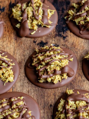 Close up of Dubai chocolate bites on a wooden table.