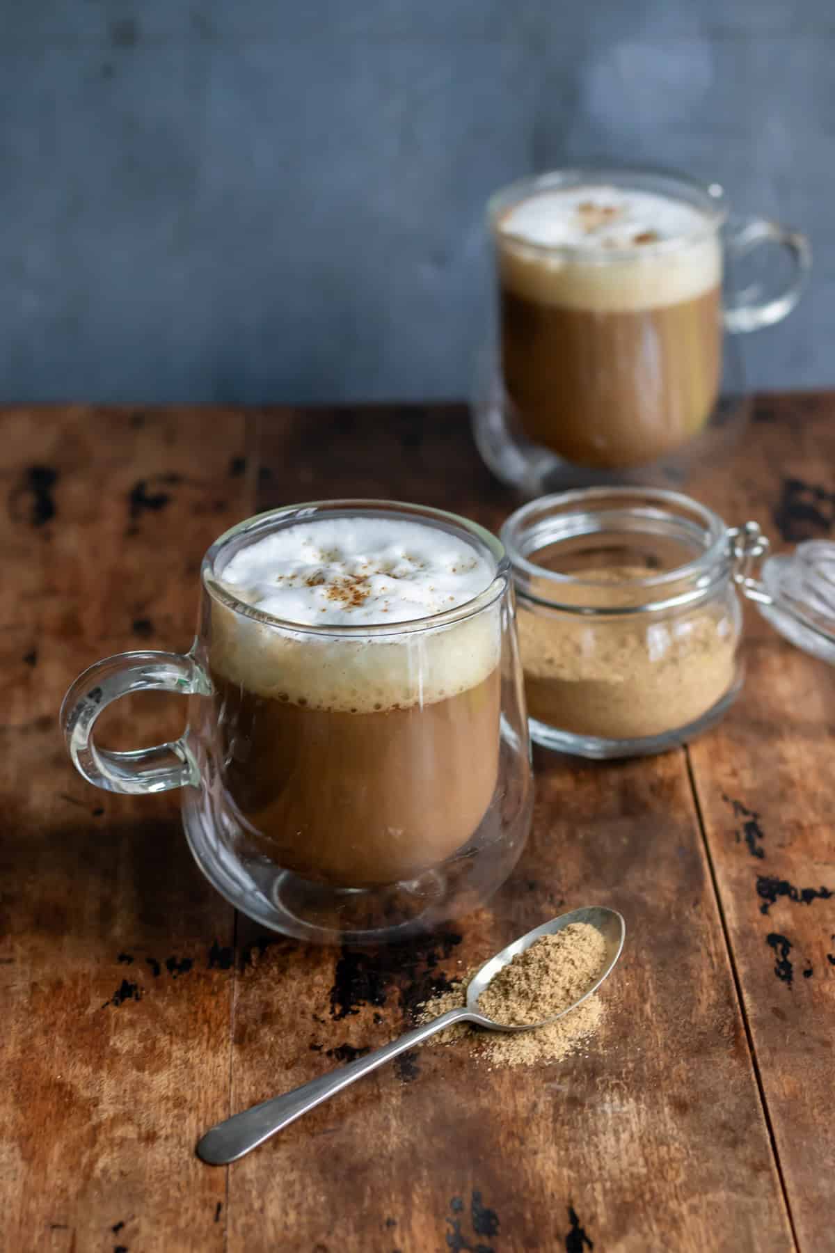 Sweet hawaij coffee latte in glass mug.