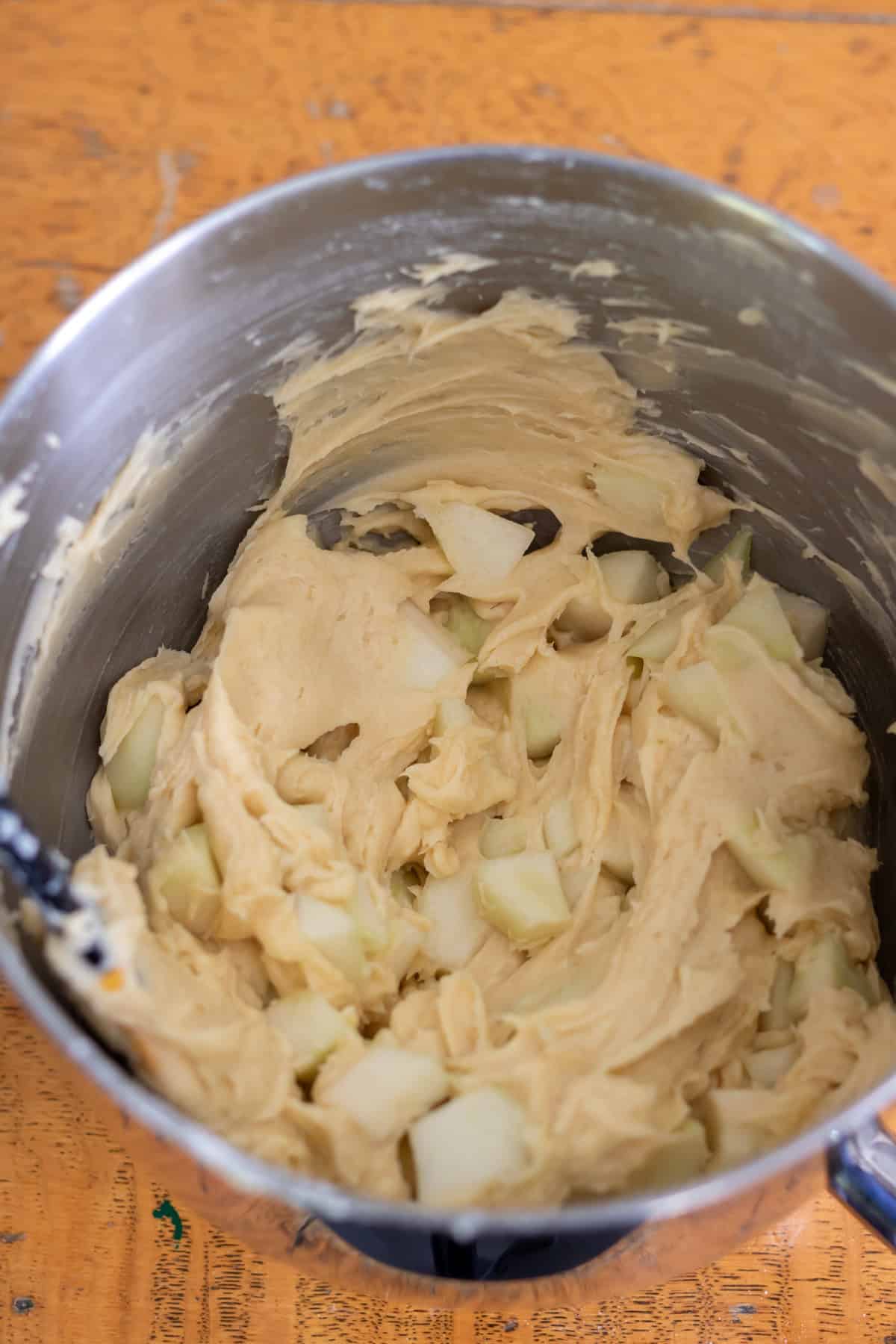 Folding in the diced pears.