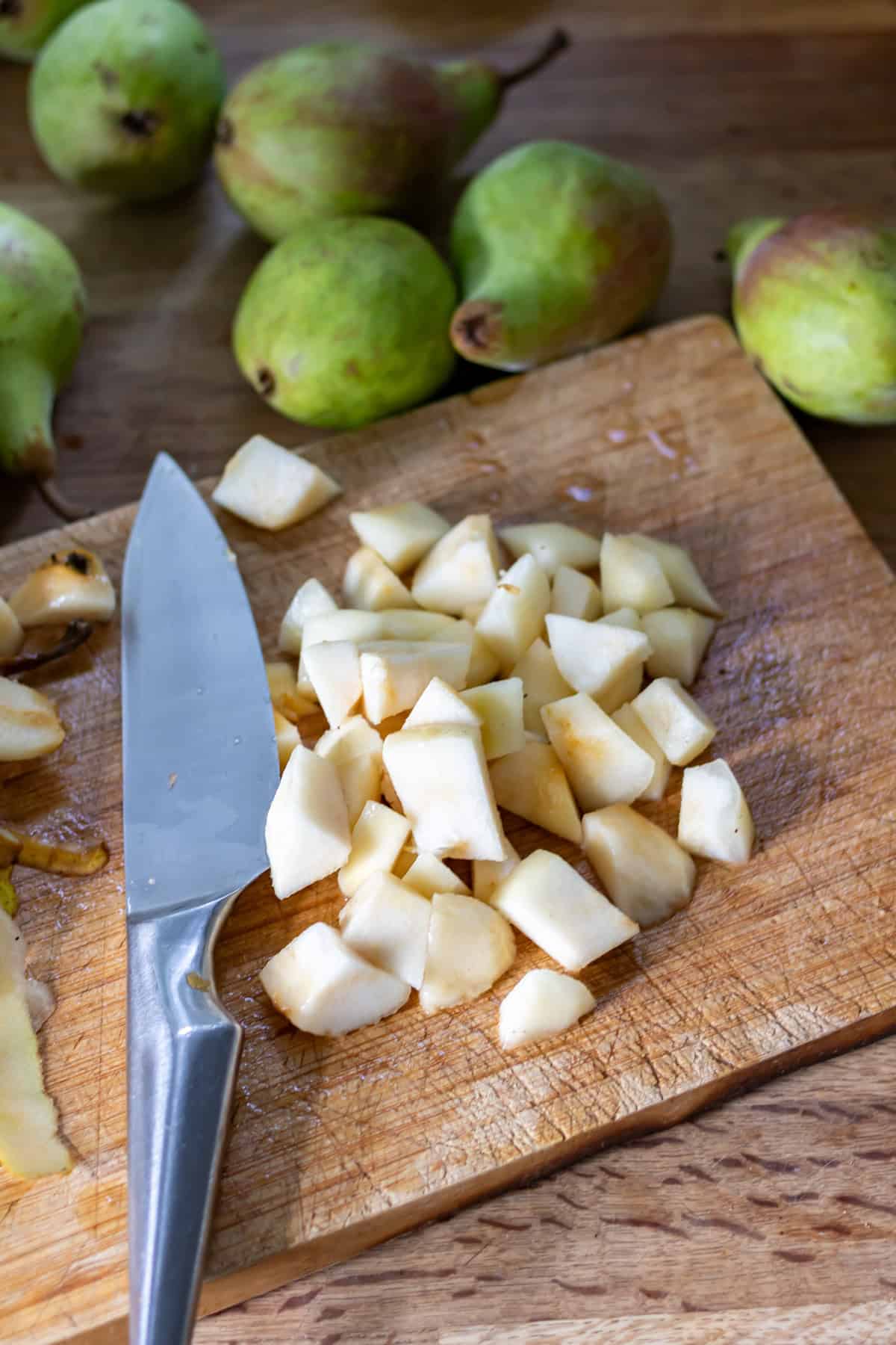 Chopping pears.