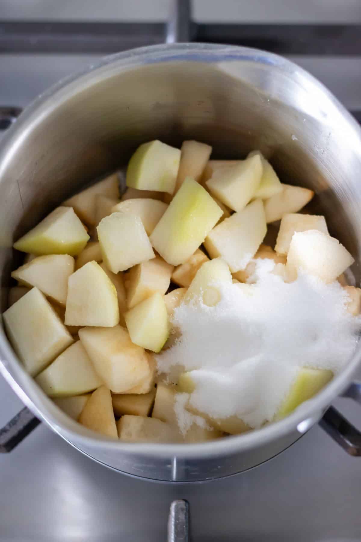 Chopped pears, sugar and water in a small saucepan.