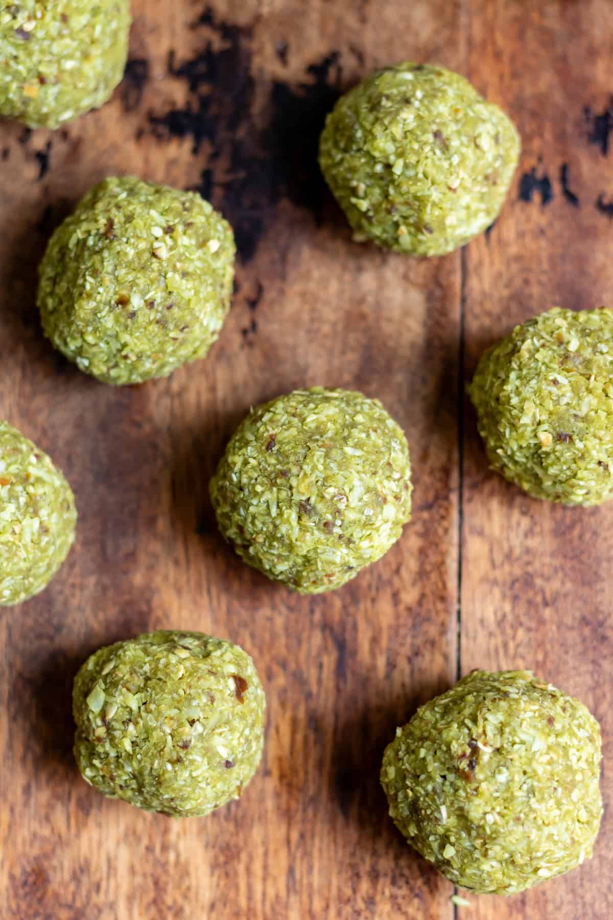 Close up of matcha balls.