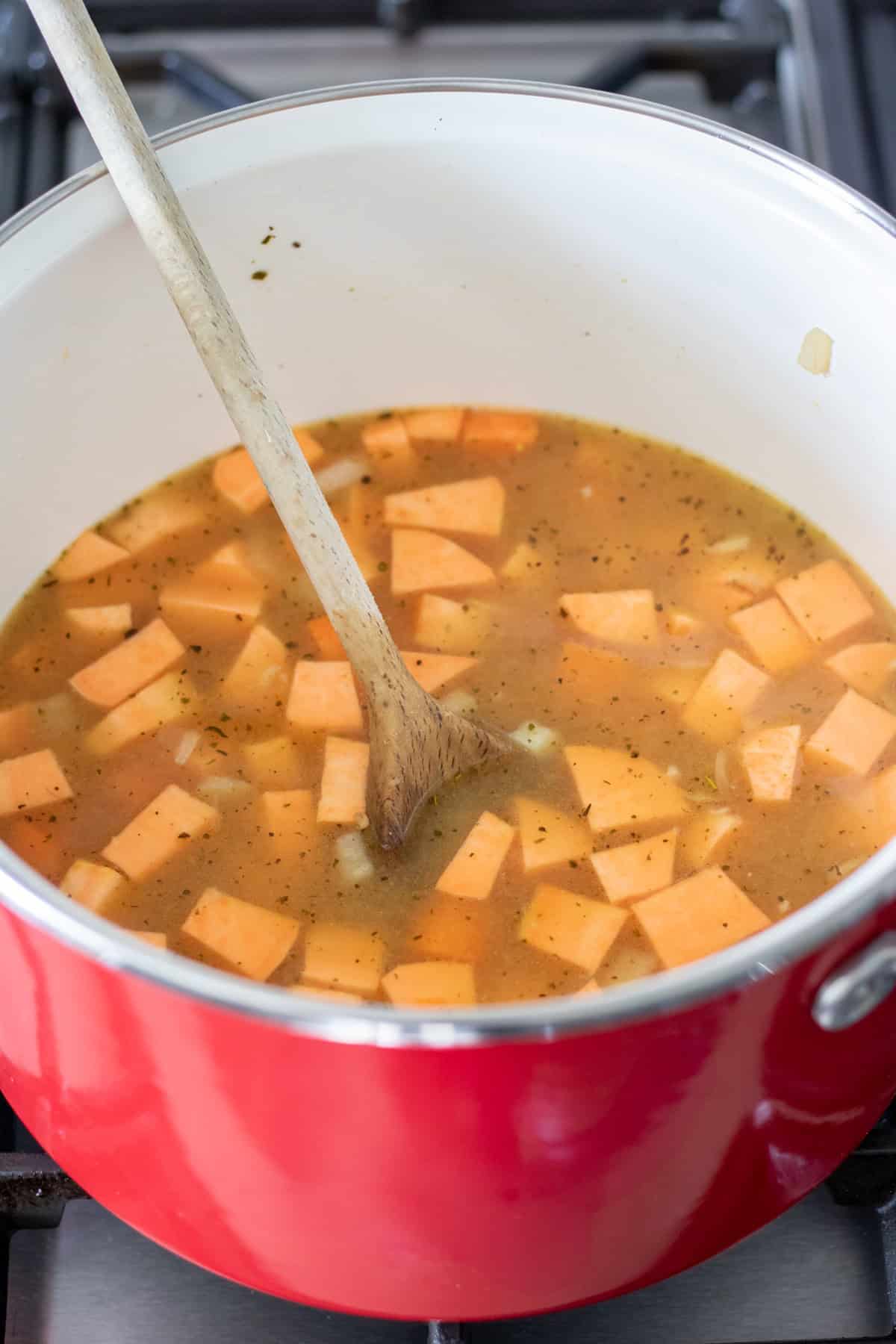 Soup ingredients added to the pot.