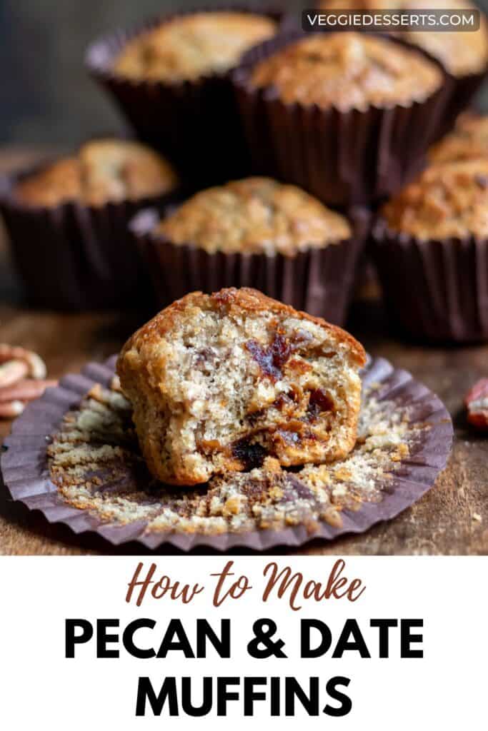 Muffin with a bite out, with text: How to Make Pecan Date Muffins.