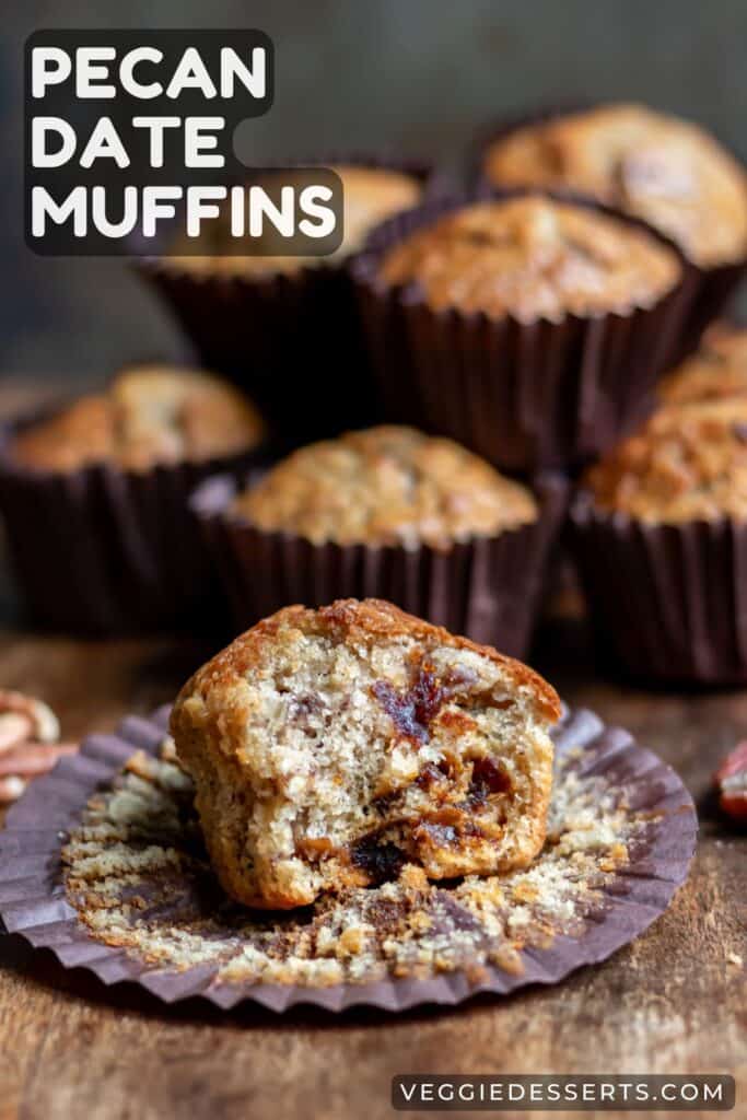 A muffin with a bite out, and text: Pecan Date Muffins.