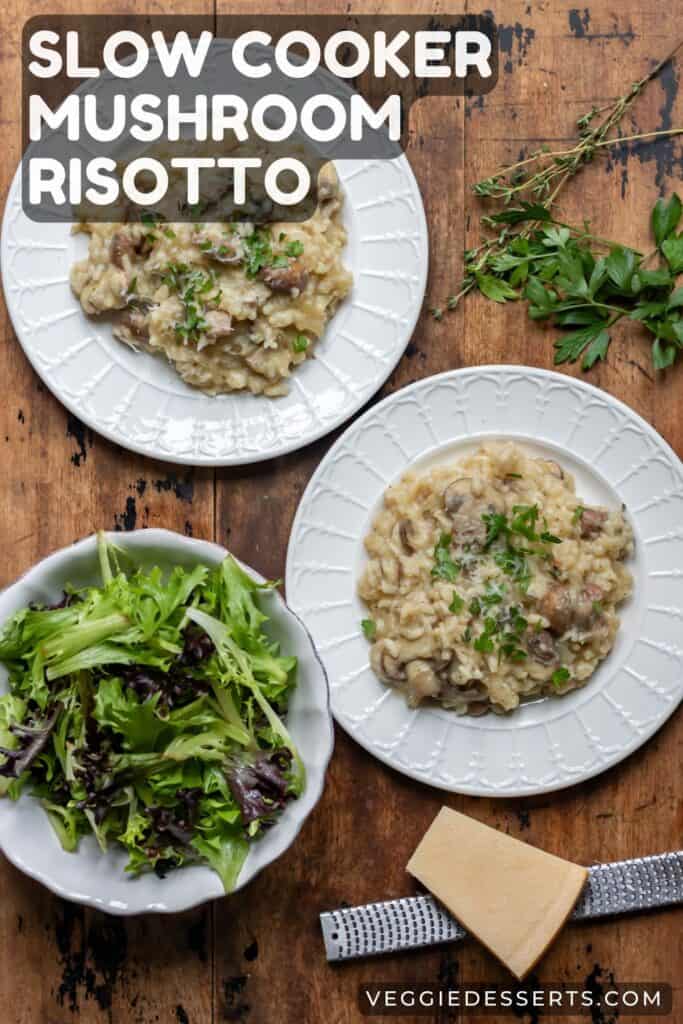 Plates of risotto on a table, with text: Slow Cooker Mushroom Risotto.